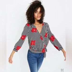 Madewell Candied Orchids Stripe Wrap top. 3/4 sleeve. Size Small